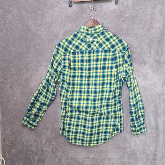 Duluth Trading Co Men's Small Green Yellow Plaid Cotton Poly Button Up Shirt - Picture 2 of 6
